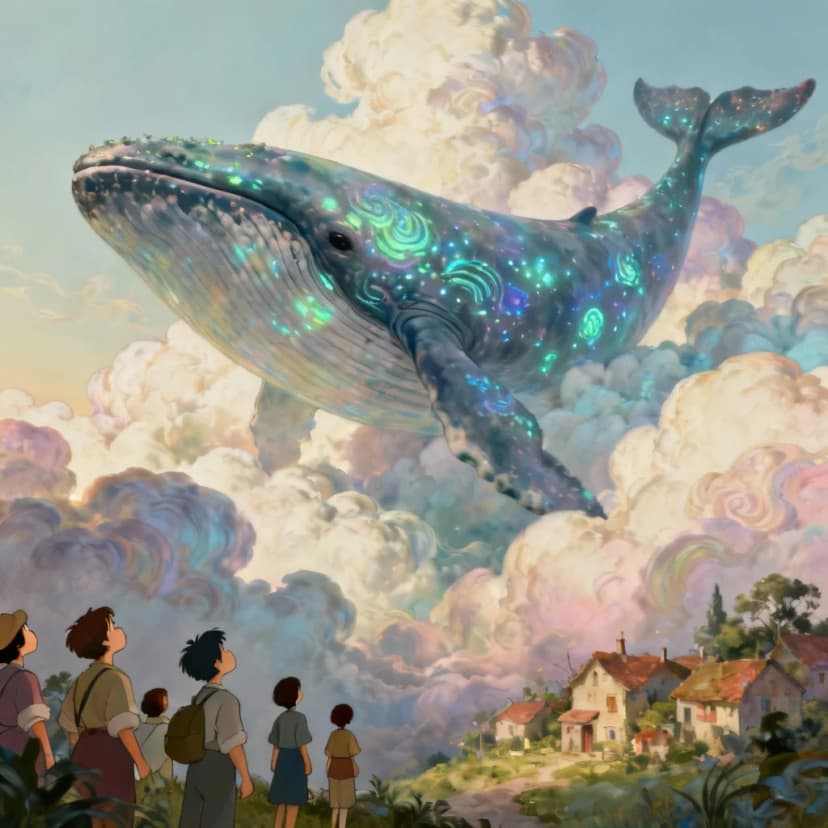 Surrealist whale swimming through clouds