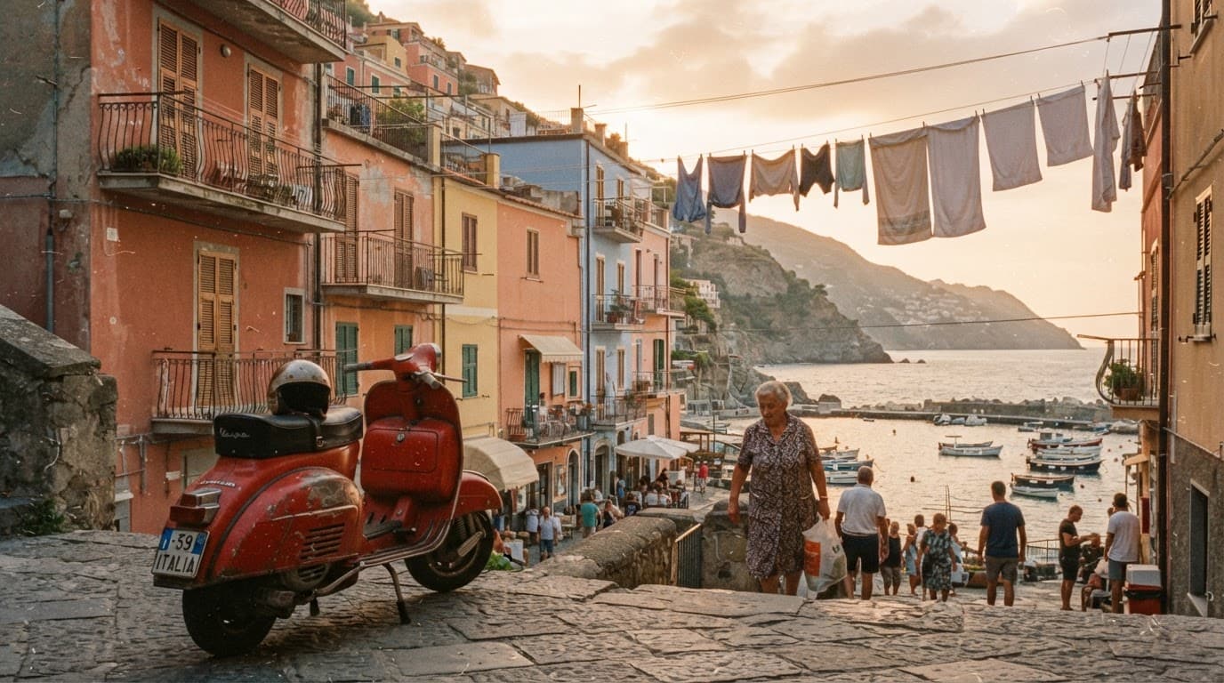Vintage 35mm film photograph of a 1960s Italian seaside town at golden hour, a red Vespa parked in front of colorful pastel buildings, laundry lines overhead, soft grain, cinematic warm light