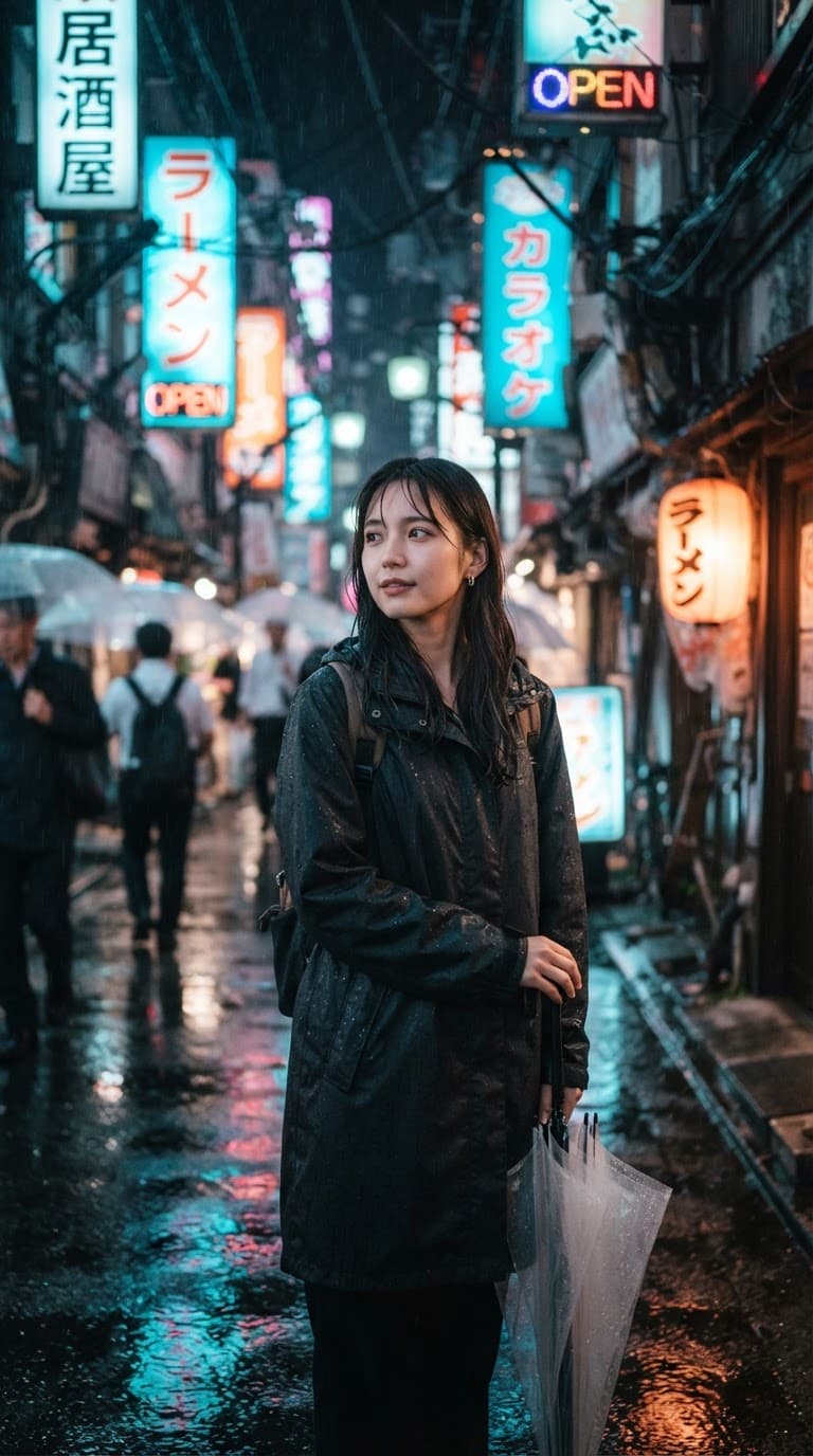Portrait of a young woman under neon signs in a rainy Tokyo alley at night, cyan and magenta reflections on wet pavement, shallow depth of field, editorial photography style