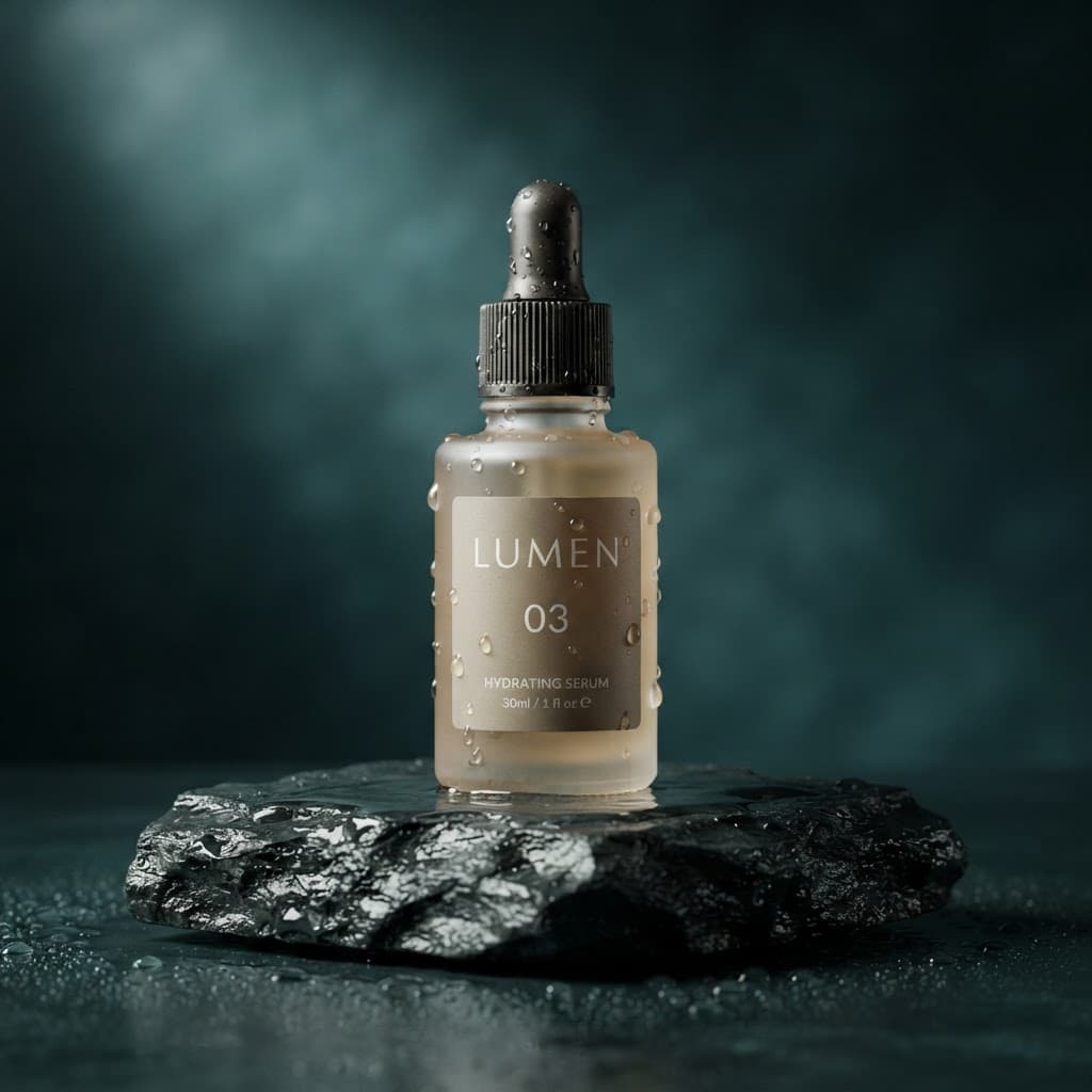 Studio product photograph of a matte glass skincare bottle on a wet slate pedestal, label text reads "LUMEN 03" in clean sans-serif, single soft spotlight, water droplets, dark teal background, premium e-commerce style