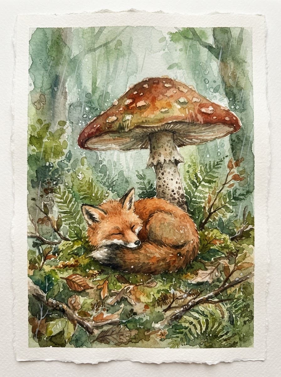 Loose watercolor illustration of a fox sleeping curled under a large mushroom in a rainy forest, soft washes of moss green and rust orange, white paper edges visible, storybook style