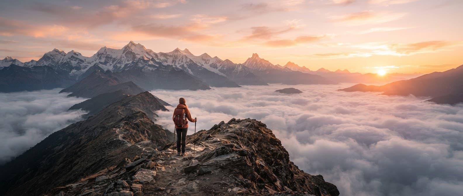 Ultrawide panoramic view of a lone hiker on a ridge above a sea of clouds at sunrise, jagged snow peaks in the distance, warm rim light, epic minimal composition