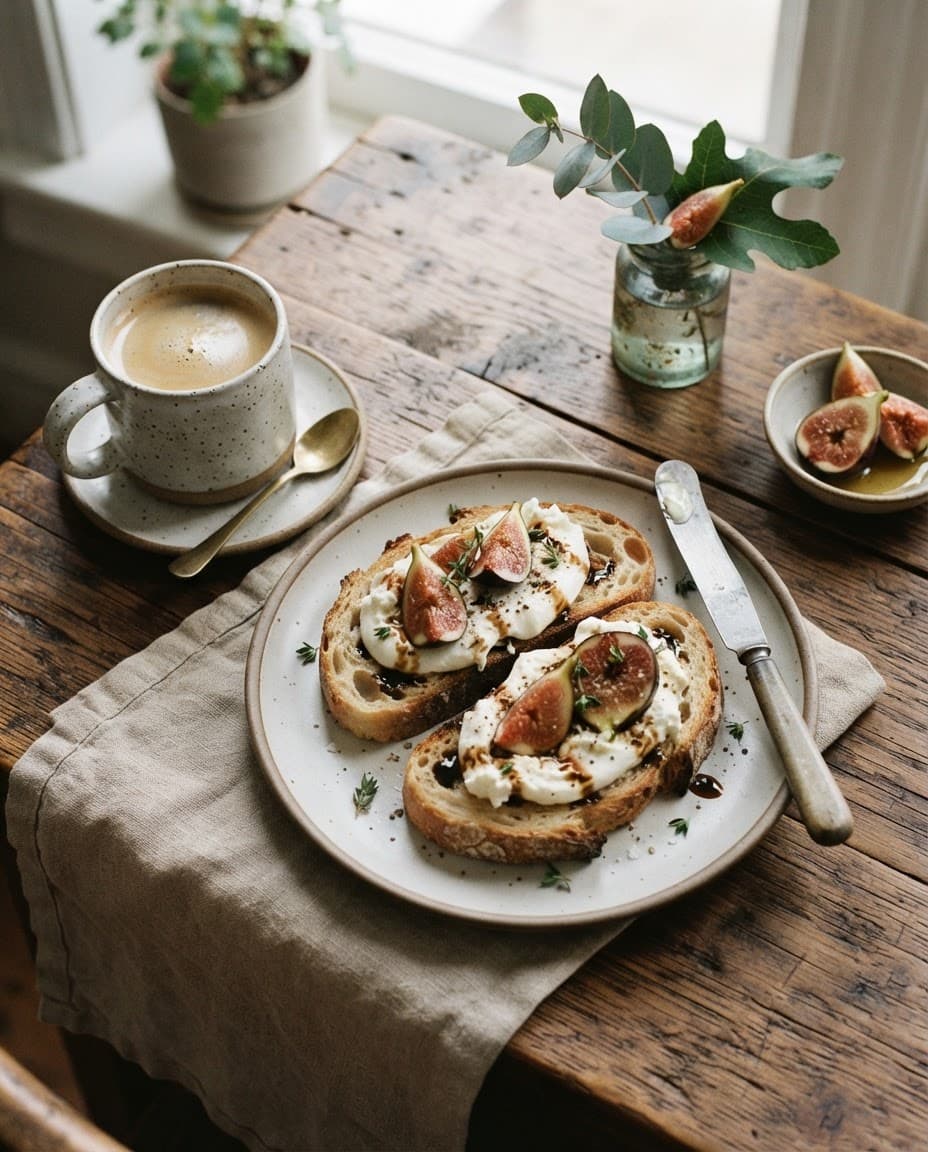 Overhead food photography of a rustic breakfast table: sourdough toast with burrata and figs, ceramic coffee cup, linen napkin, morning window light, rich natural colors