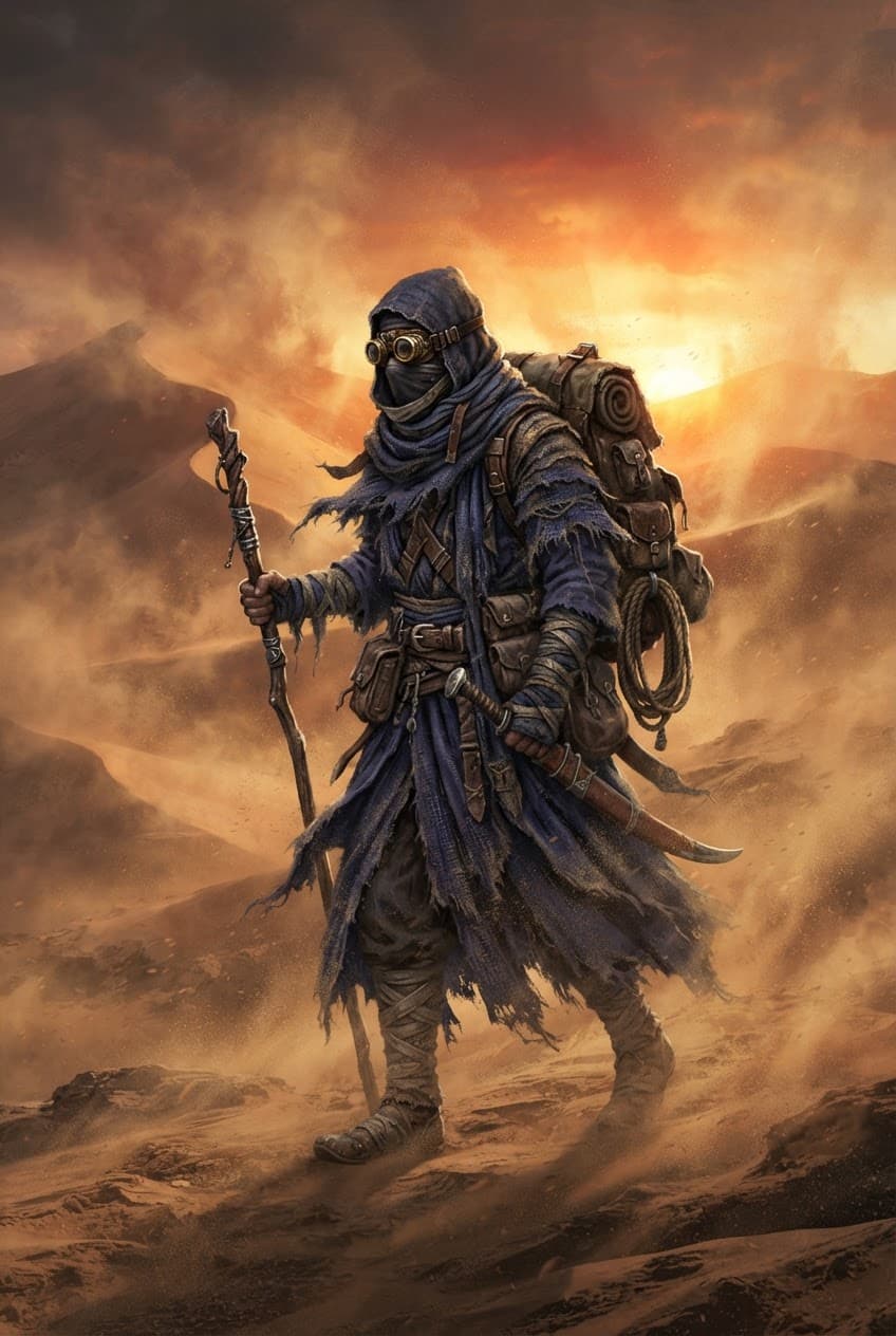 Character concept art of a desert wanderer in layered indigo robes with brass goggles, sand swirling around, painted digital art style, dramatic backlight, detailed fabric textures