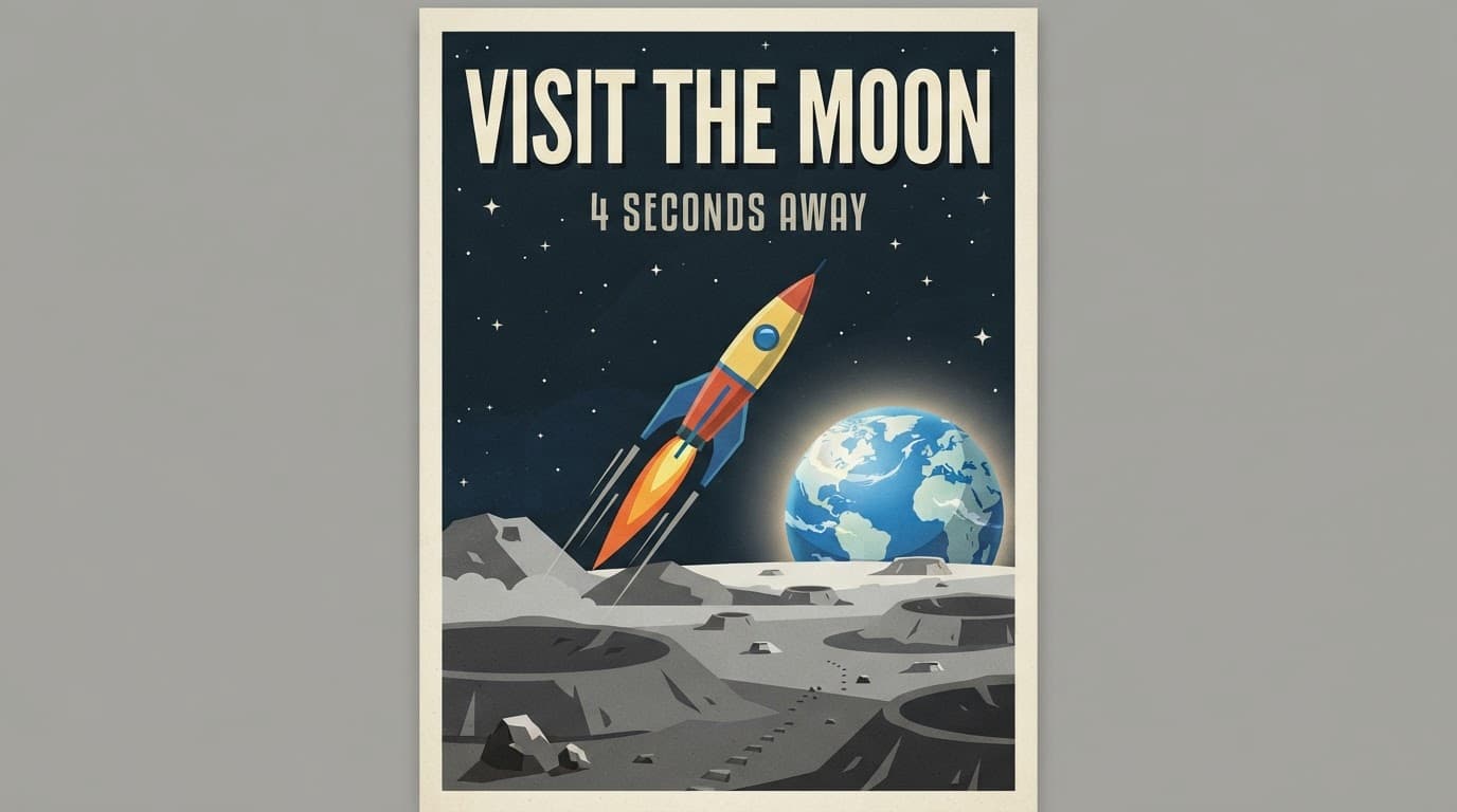 Retro travel poster for the Moon: stylized rocket over gray craters with Earth on the horizon, bold headline text "VISIT THE MOON" and subtitle "4 SECONDS AWAY", flat mid-century colors, clean vector shapes