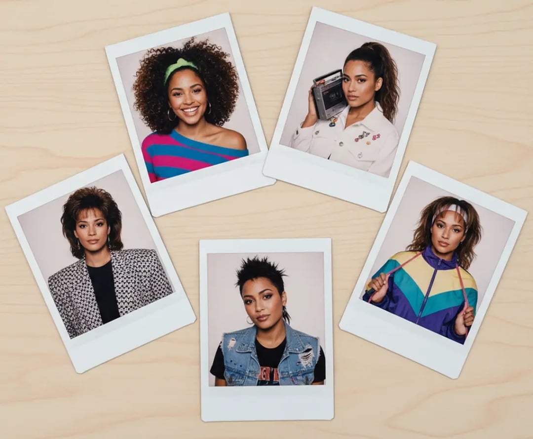 Create 5 headshot polaroid prints, laid out on a clean table, all of which show me in various situations from the 1980's.